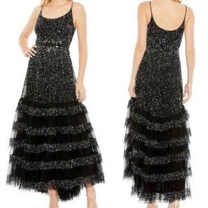 Mac Duggal Black Silver Embellished Tiered Sequin Gown Dress